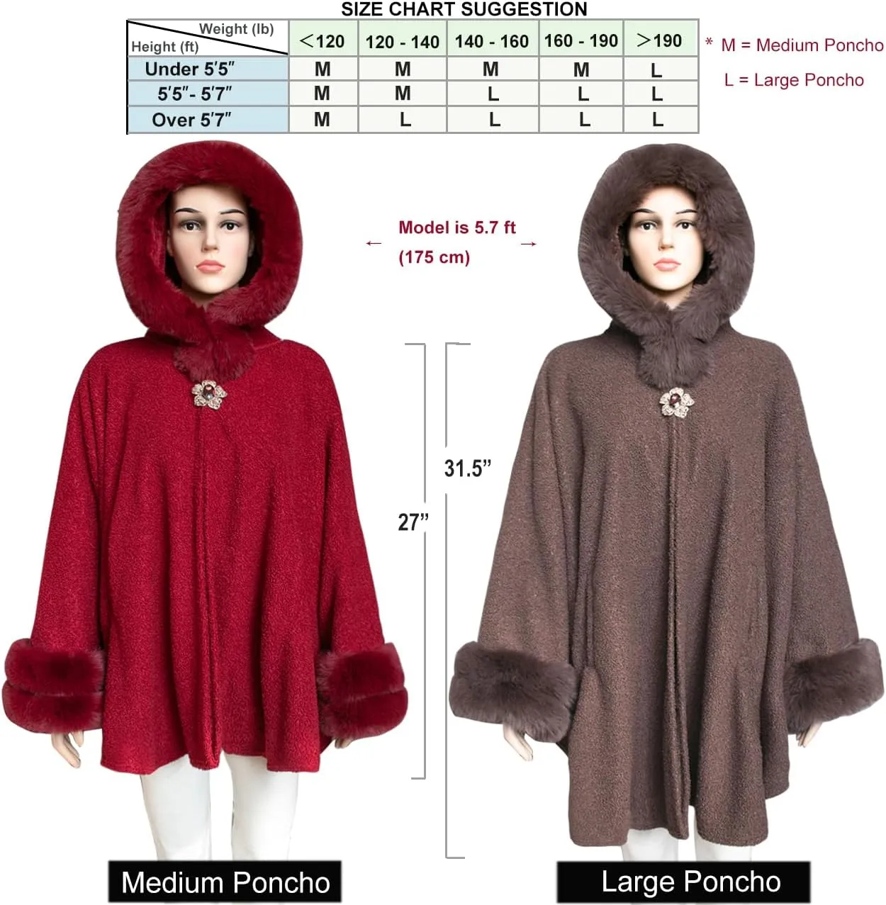 Dahlia Women's Winter Poncho Cape with Faux Fur Trim & Fleece Lined