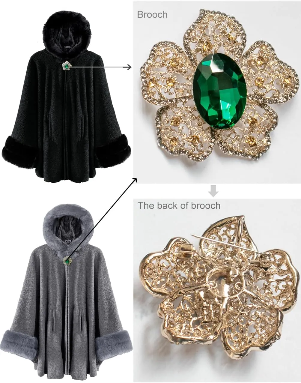 Dahlia Women's Winter Poncho Cape with Faux Fur Trim & Fleece Lined