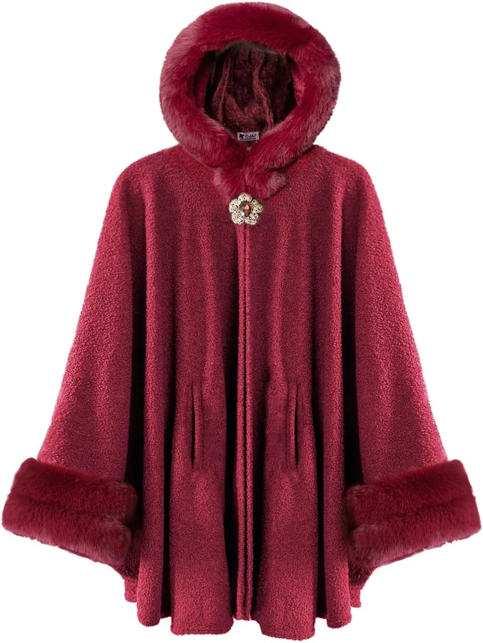 Dahlia Women's Winter Poncho Cape with Faux Fur Trim & Fleece Lined