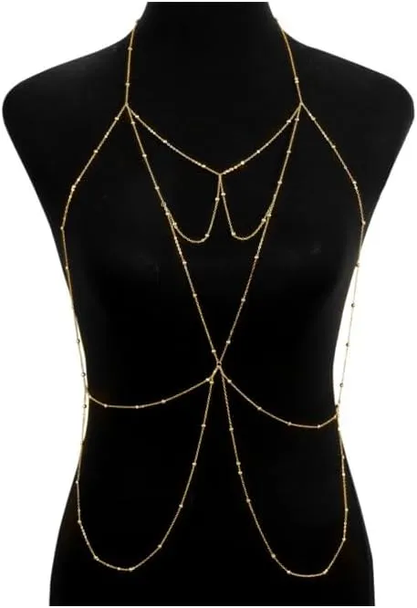 D.Bella Gold Body Chains for Women, Sexy Layered Belly Waist Chain Crossover Bikini Bra Chain, Summer Beach Rhinestone Body Jewelry