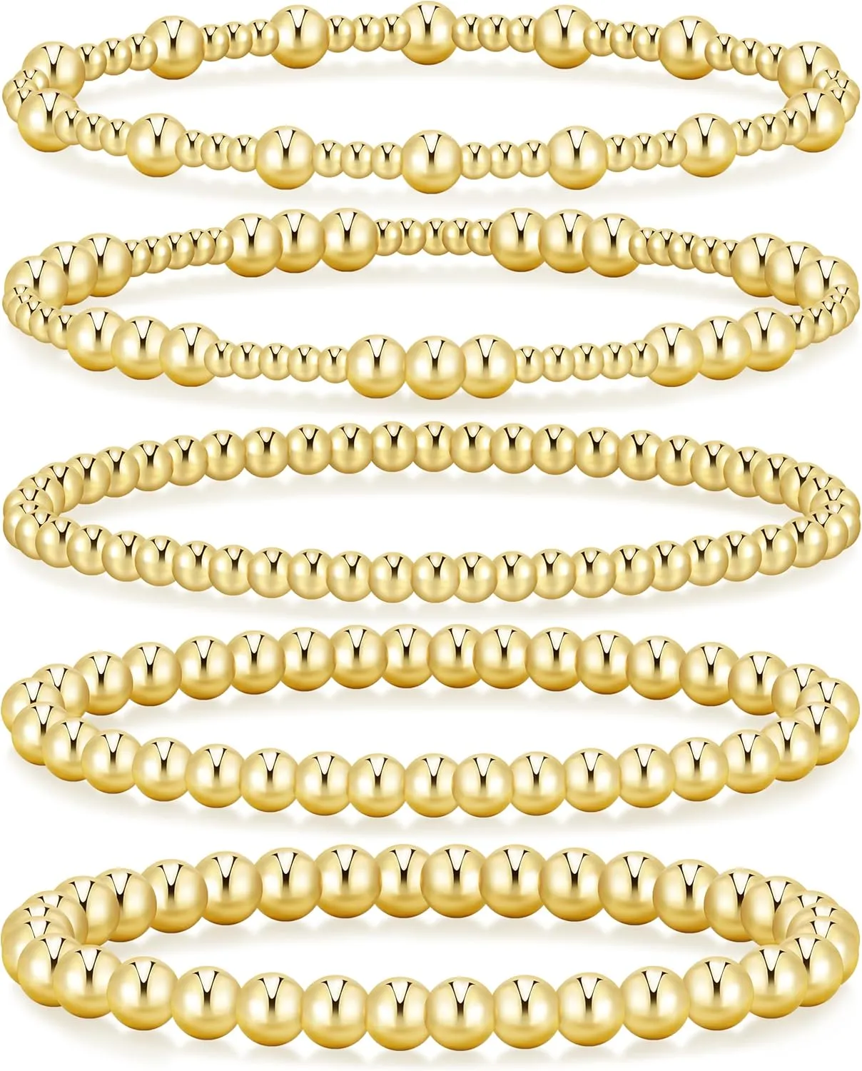 Dodder Gold Beaded Bracelets Set for Women, 14K Gold Plated Elastic Stretch Bead Bracelet Stack 5 Pcs 6"-7.5"