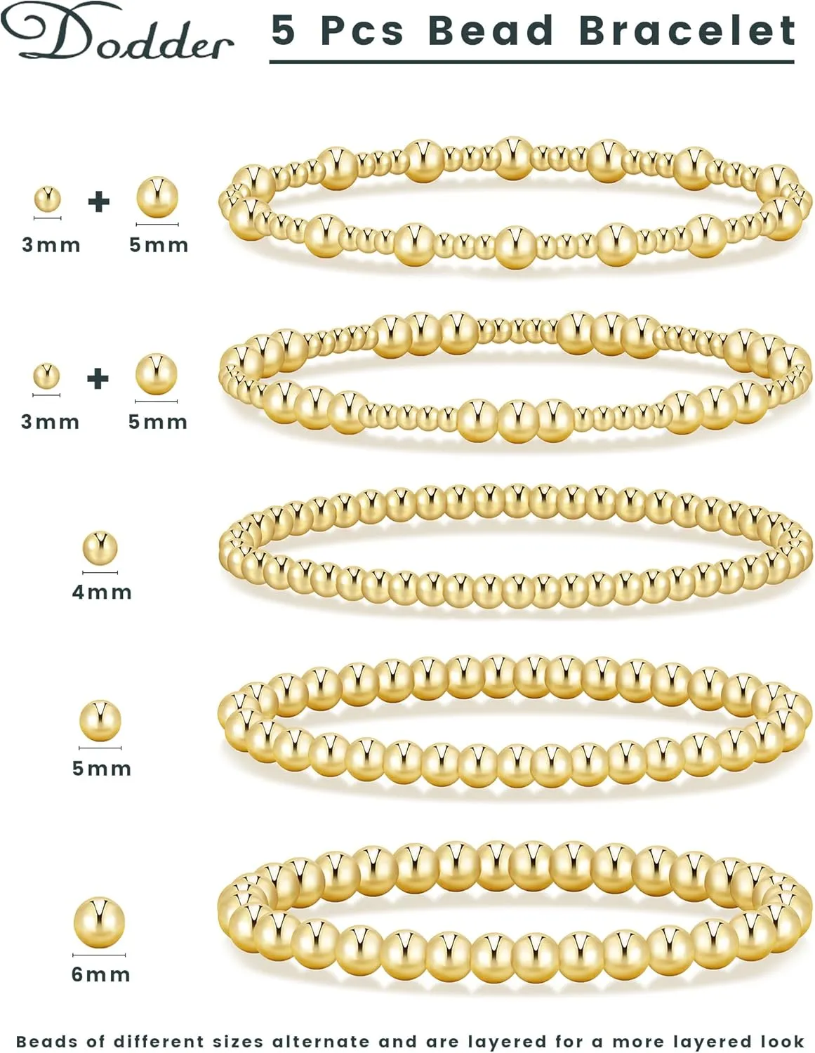 Dodder Gold Beaded Bracelets Set for Women, 14K Gold Plated Elastic Stretch Bead Bracelet Stack 5 Pcs 6"-7.5"
