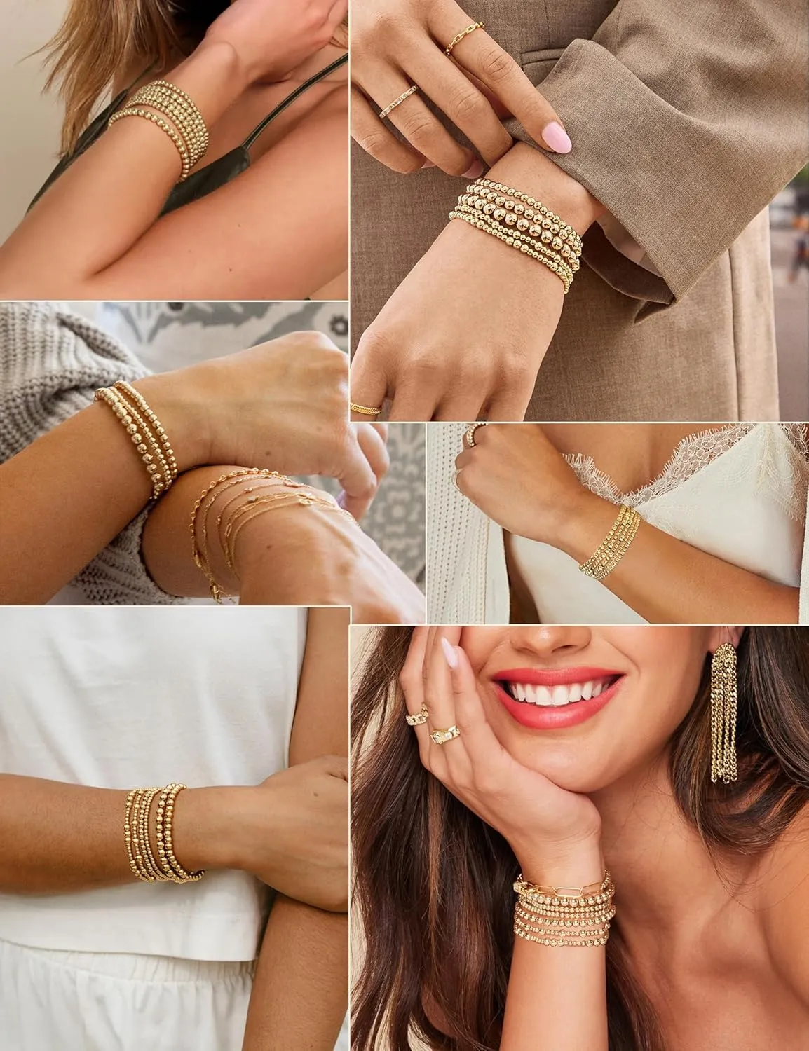 Dodder Gold Beaded Bracelets Set for Women, 14K Gold Plated Elastic Stretch Bead Bracelet Stack 5 Pcs 6"-7.5"