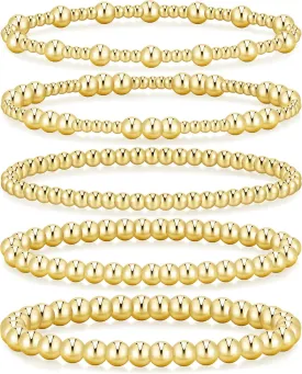 Dodder Gold Beaded Bracelets Set for Women, 14K Gold Plated Elastic Stretch Bead Bracelet Stack 5 Pcs 6"-7.5"