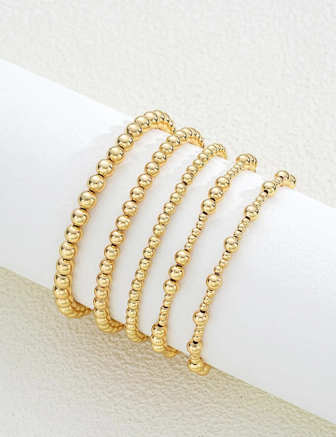 Dodder Gold Beaded Bracelets Set for Women, 14K Gold Plated Elastic Stretch Bead Bracelet Stack 5 Pcs 6"-7.5"