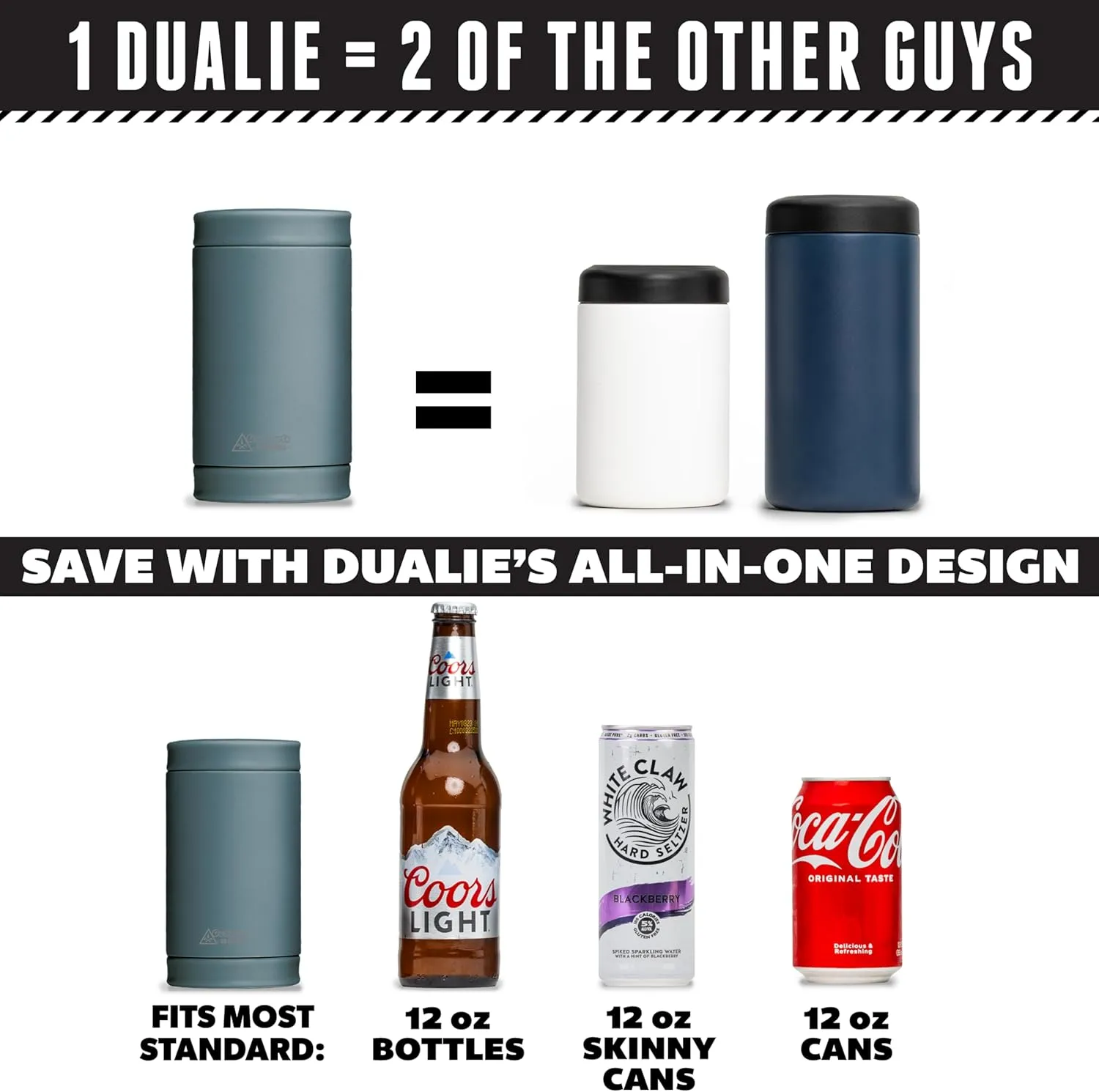 DUALIE 3 in 1 Insulated Can Cooler - 15  Colors - Universal Size for 12 oz Cans, Slim Cans, and Bottles