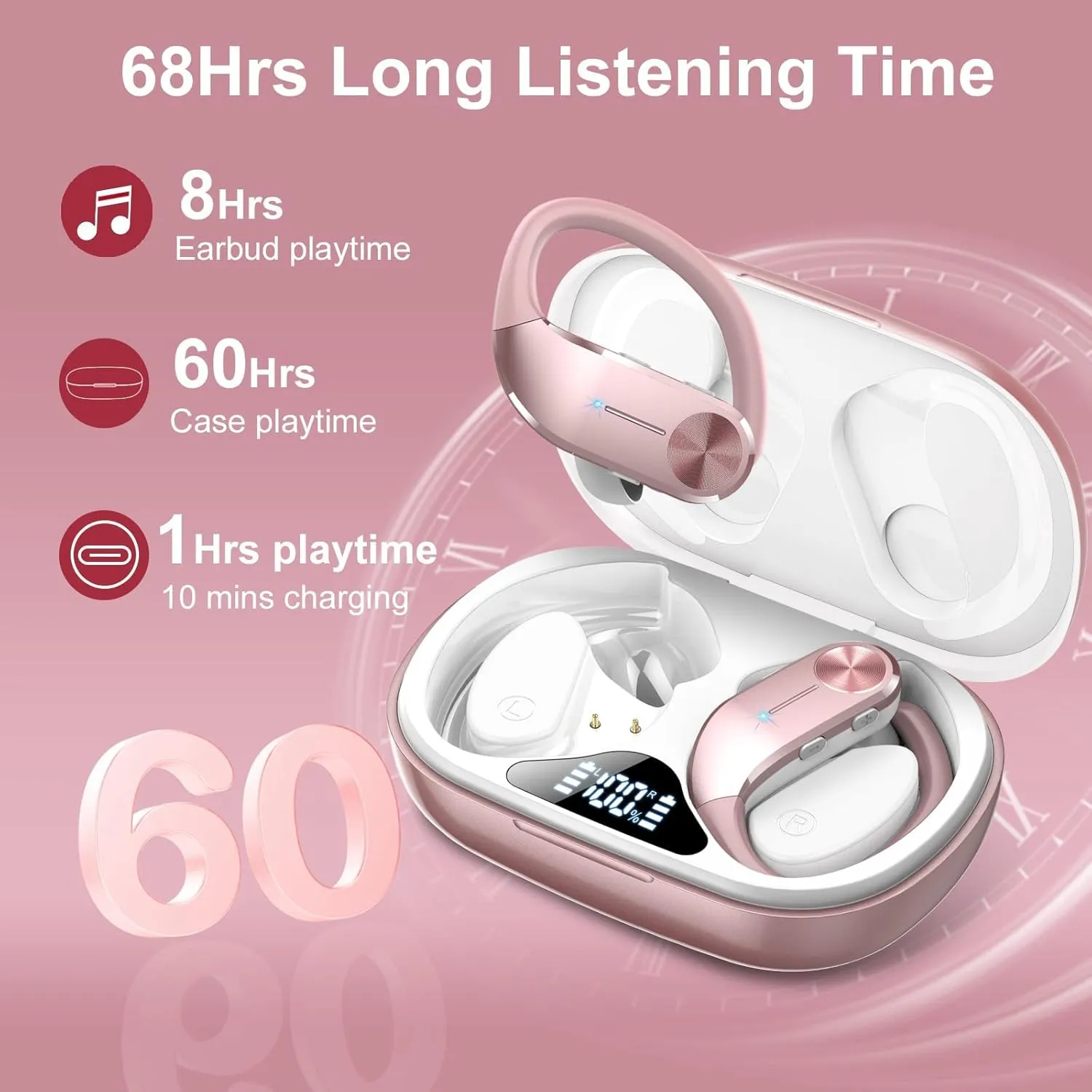 Ear buds Wireless Bluetooth Earbuds Sport 2024 NEW Bluetooth 5.3 Headphones 68H Playtime with LED Display Powerful Bass Over Ear Earphones with Earhooks IP8 Waterproof for Workout/Running/Gym