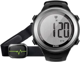EZON Heart Rate Monitor Chest Strap, Exercise Heart Monitor, Sports Watch with HRM, Waterproof/Stopwatch/Hourly Chime, Steel Silver, T007A11