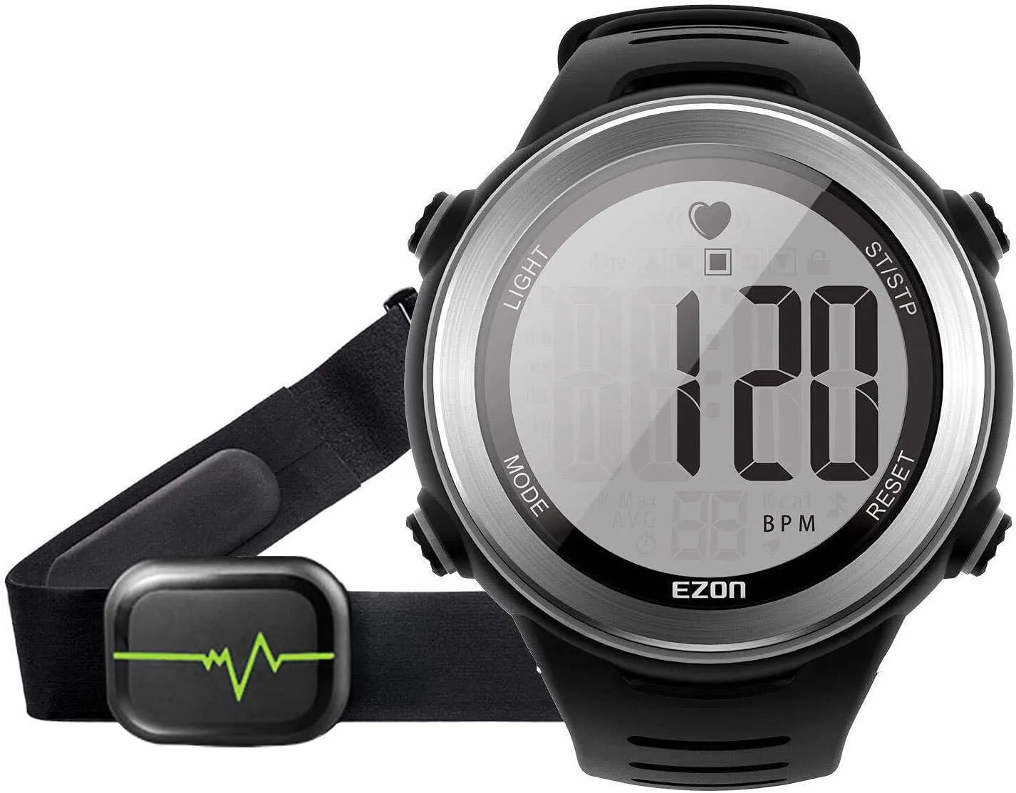 EZON Heart Rate Monitor Chest Strap, Exercise Heart Monitor, Sports Watch with HRM, Waterproof/Stopwatch/Hourly Chime, Steel Silver, T007A11