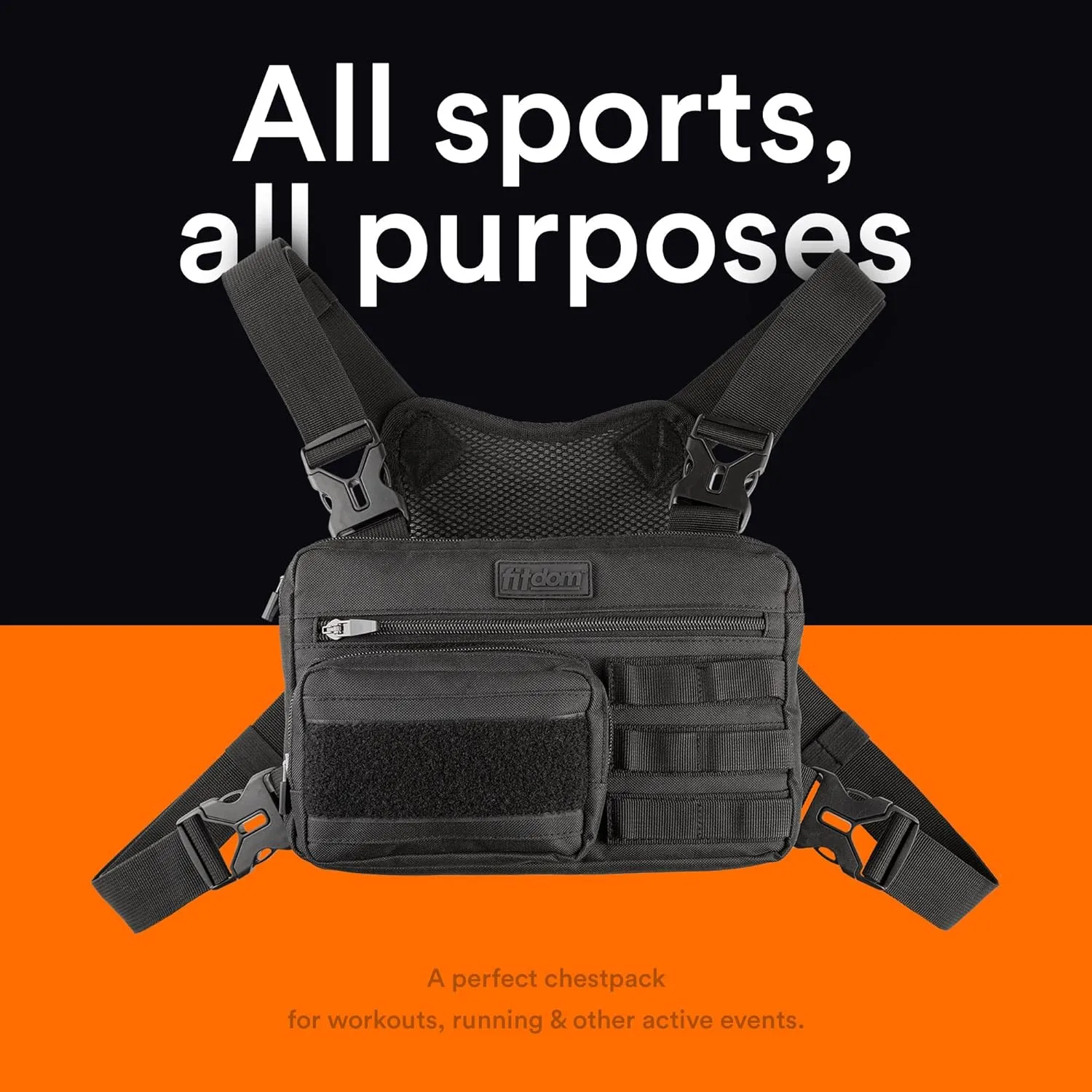 Fitdom Tactical Inspired Sports Utility Chest Pack. Chest Bag For Men With Built-In Phone Holder. This EDC Rig Pouch Vest is Perfect For Workouts, Cycling & Hiking