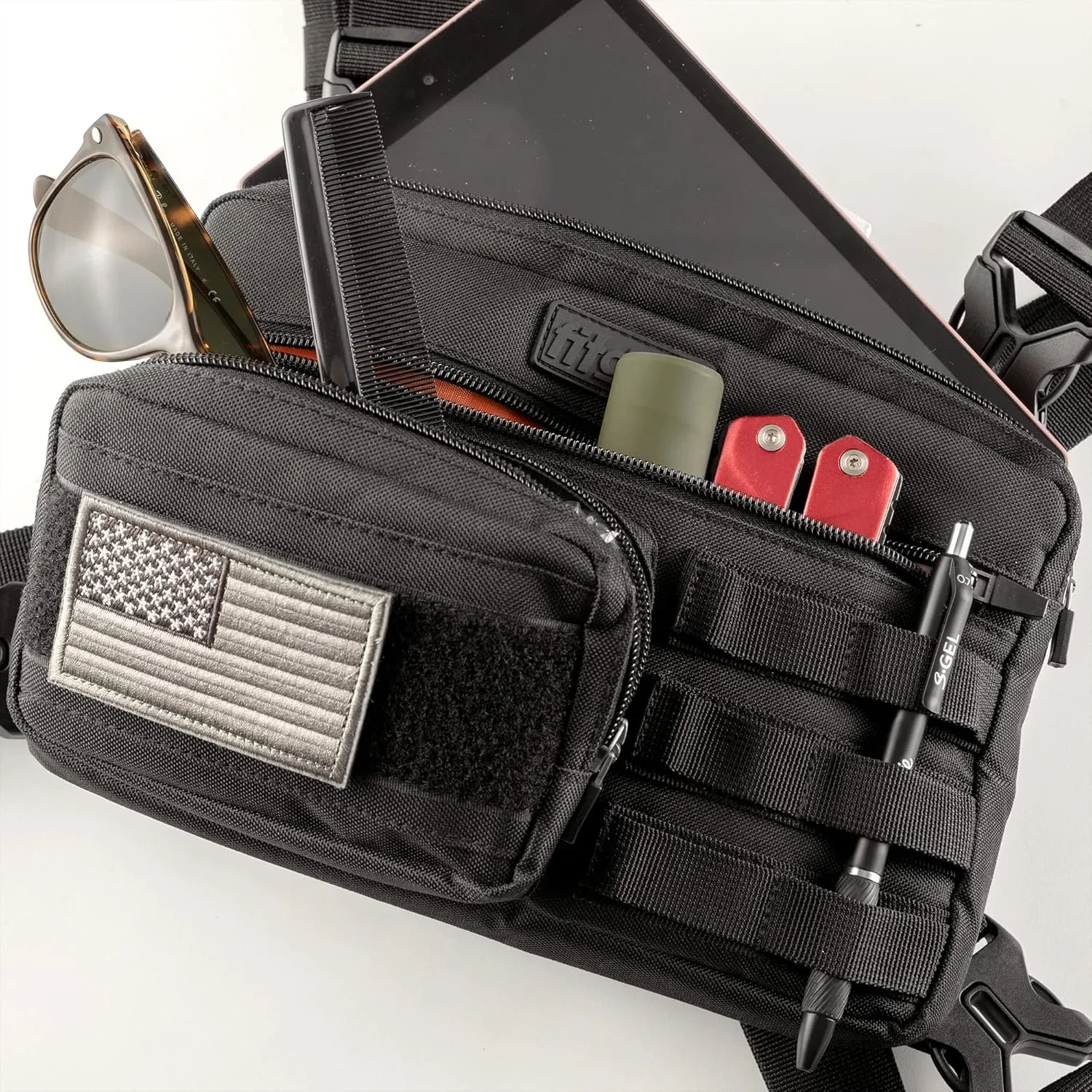 Fitdom Tactical Inspired Sports Utility Chest Pack. Chest Bag For Men With Built-In Phone Holder. This EDC Rig Pouch Vest is Perfect For Workouts, Cycling & Hiking