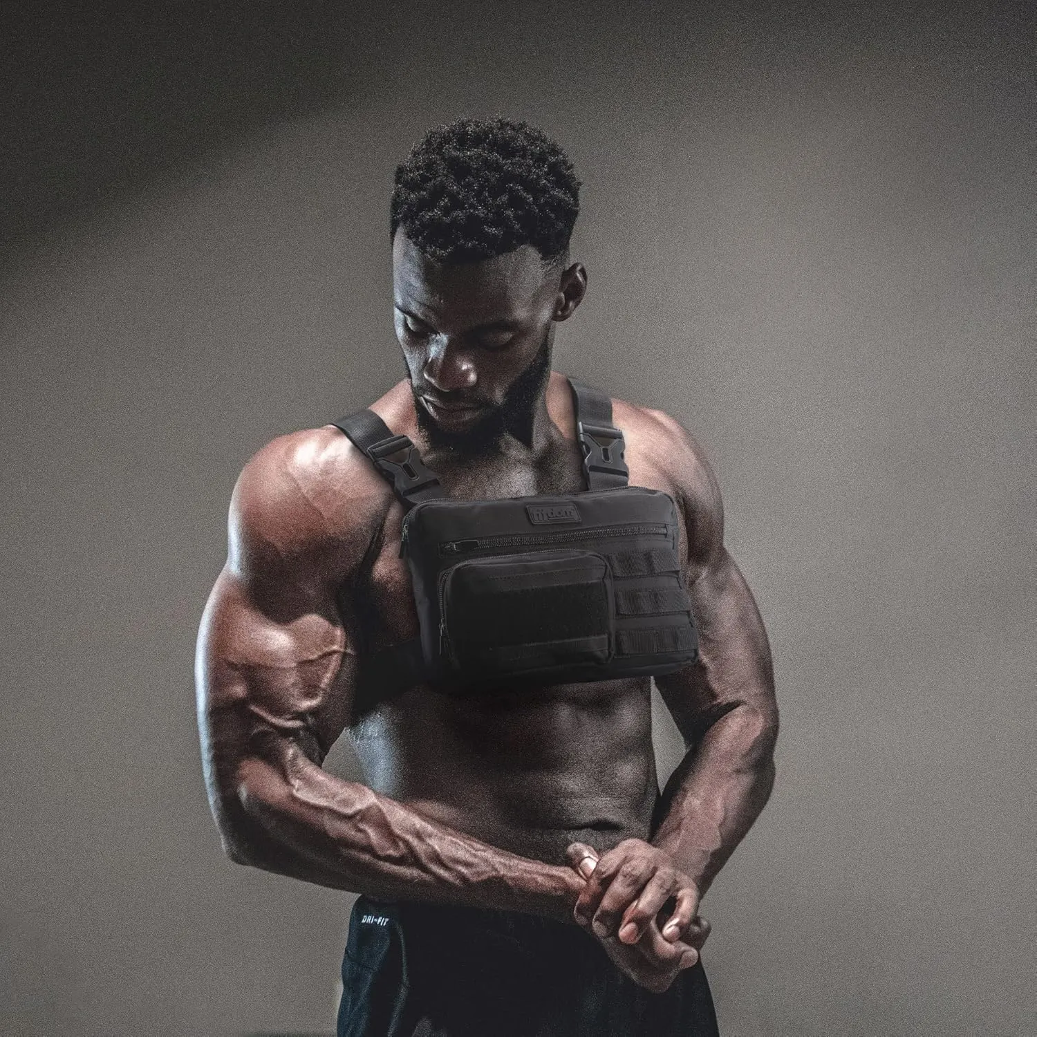 Fitdom Tactical Inspired Sports Utility Chest Pack. Chest Bag For Men With Built-In Phone Holder. This EDC Rig Pouch Vest is Perfect For Workouts, Cycling & Hiking