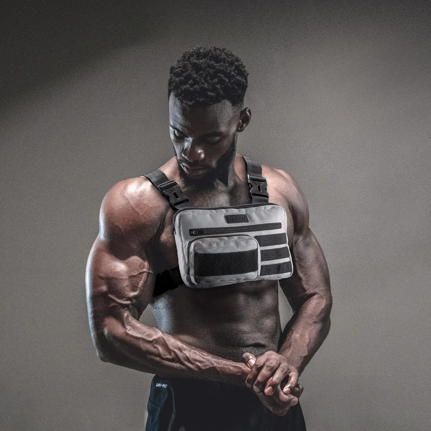 Fitdom Tactical Inspired Sports Utility Chest Pack. Chest Bag For Men With Built-In Phone Holder. This EDC Rig Pouch Vest is Perfect For Workouts, Cycling & Hiking