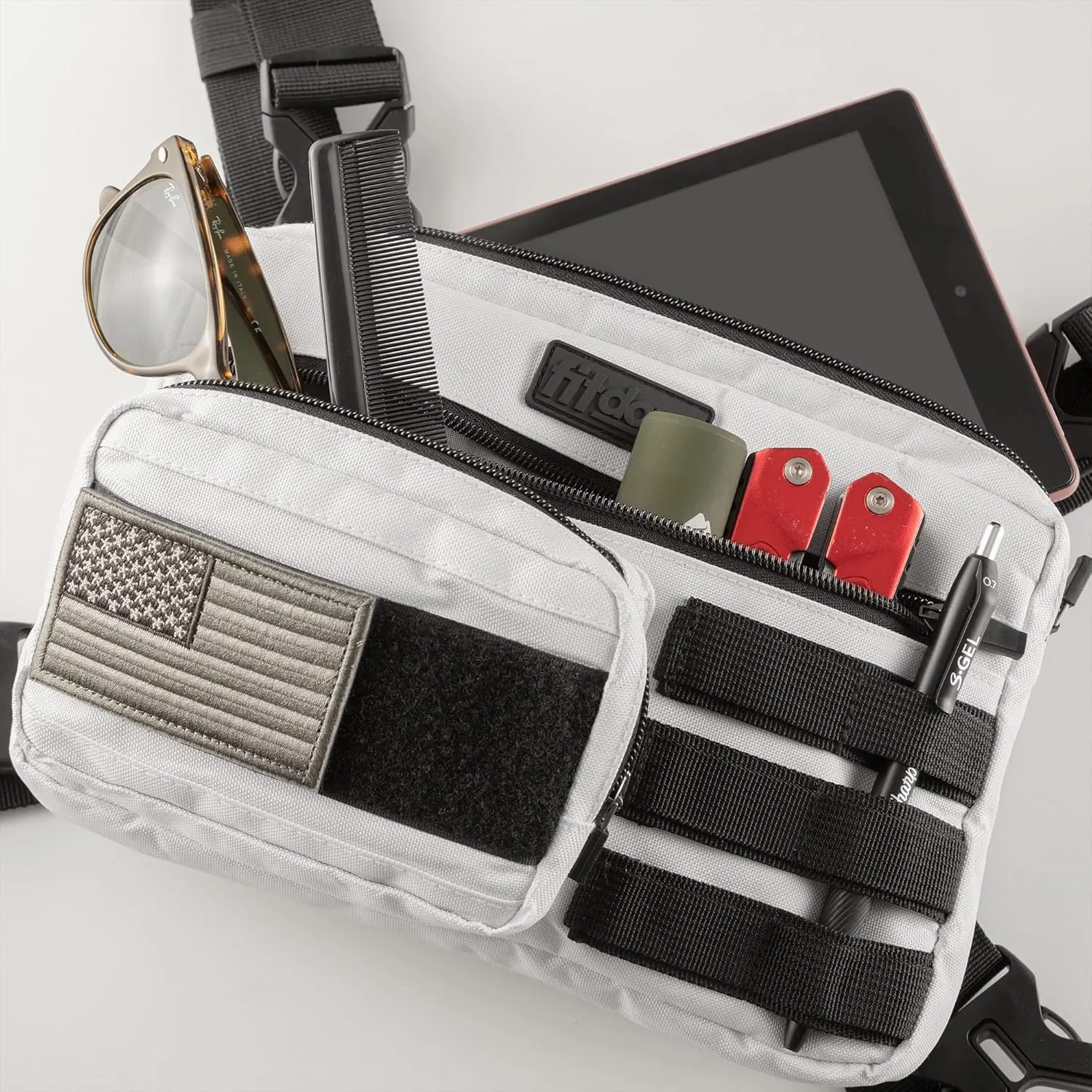 Fitdom Tactical Inspired Sports Utility Chest Pack. Chest Bag For Men With Built-In Phone Holder. This EDC Rig Pouch Vest is Perfect For Workouts, Cycling & Hiking