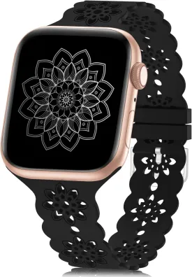 Floral Silicone Band Compatible with Apple Watch Bands 38mm 40mm 42mm 44mm 41mm 45mm 49mm Women Men, Slim Hollow-Out Design Wristbands Soft Sport Breathable Watch Bands for iWatch Ultra SE Series 9/8/7/6/5/4/3/2/1