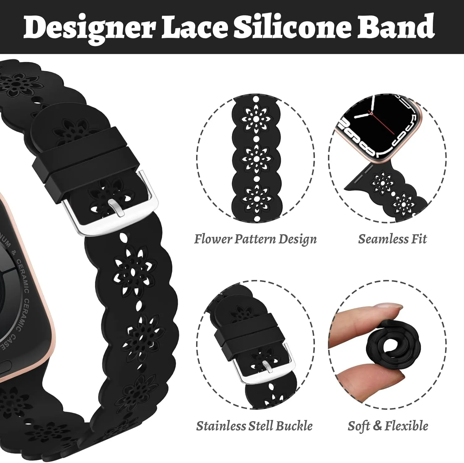 Floral Silicone Band Compatible with Apple Watch Bands 38mm 40mm 42mm 44mm 41mm 45mm 49mm Women Men, Slim Hollow-Out Design Wristbands Soft Sport Breathable Watch Bands for iWatch Ultra SE Series 9/8/7/6/5/4/3/2/1