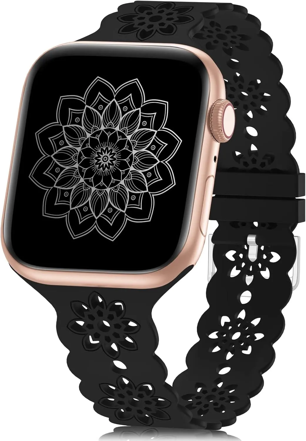 Floral Silicone Band Compatible with Apple Watch Bands 38mm 40mm 42mm 44mm 41mm 45mm 49mm Women Men, Slim Hollow-Out Design Wristbands Soft Sport Breathable Watch Bands for iWatch Ultra SE Series 9/8/7/6/5/4/3/2/1