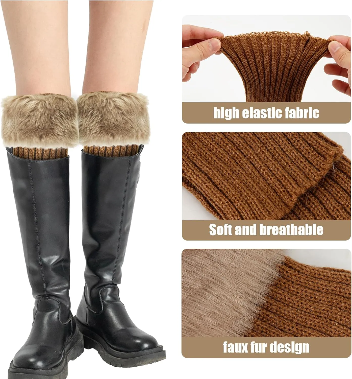 Fluffy Leg Warmers, 7 inch Furry Wrist Faux Fur Trim Cuffs Fuzzy Knitted Boot Covers Winter Plush Socks for Women