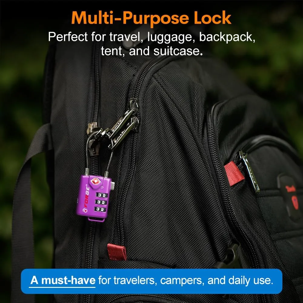 Forge TSA Approved Luggage Locks, Re-settable Combination with Alloy Body (Dark Purple 4 Locks)