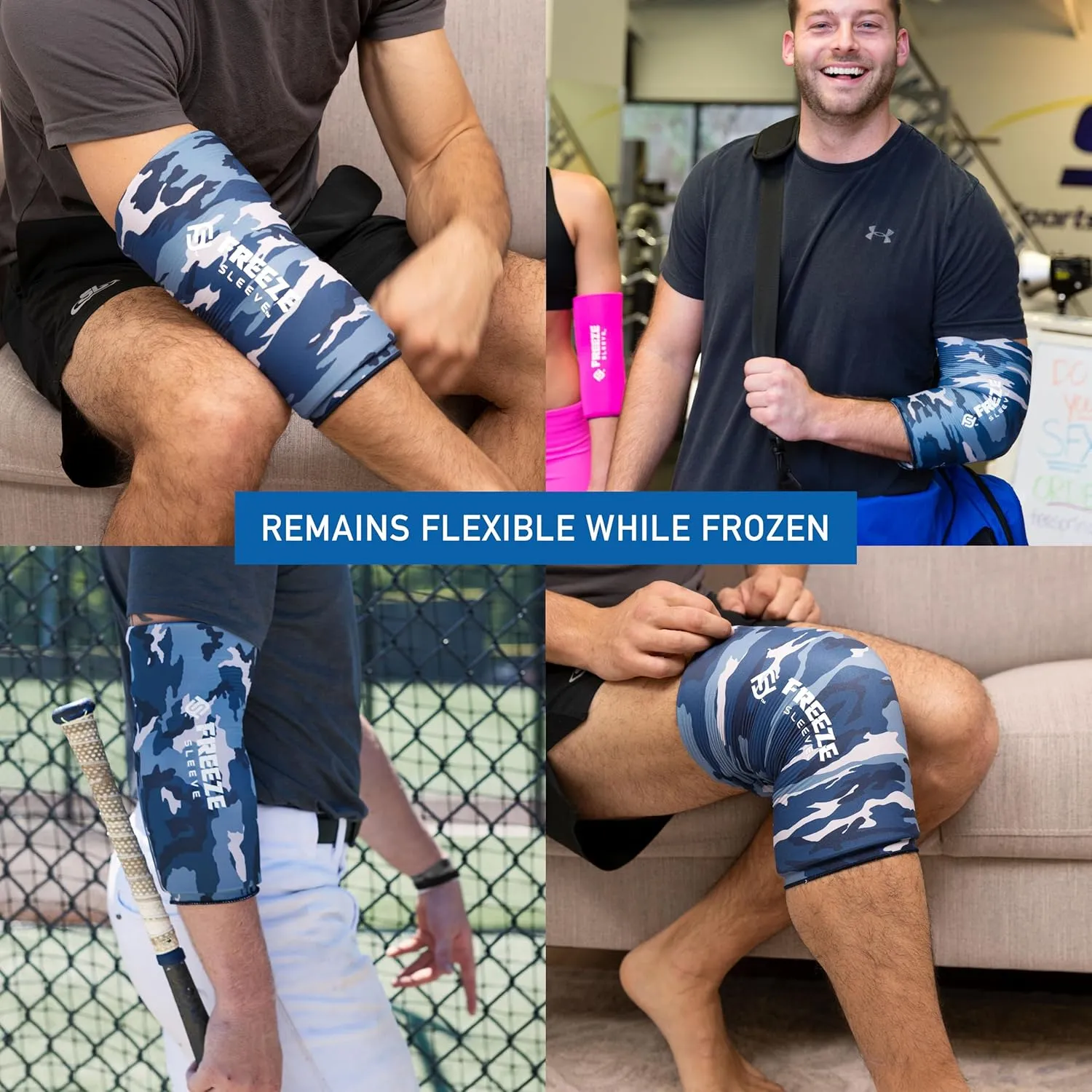 FreezeSleeve Ice and Heat Therapy Sleeve | Reusable Ice Pack Flexible Gel Compression Sleeve for Pain Relief and Recovery of Elbow Knee Ankle Leg Wrist Injuries | Blue Camo X Large