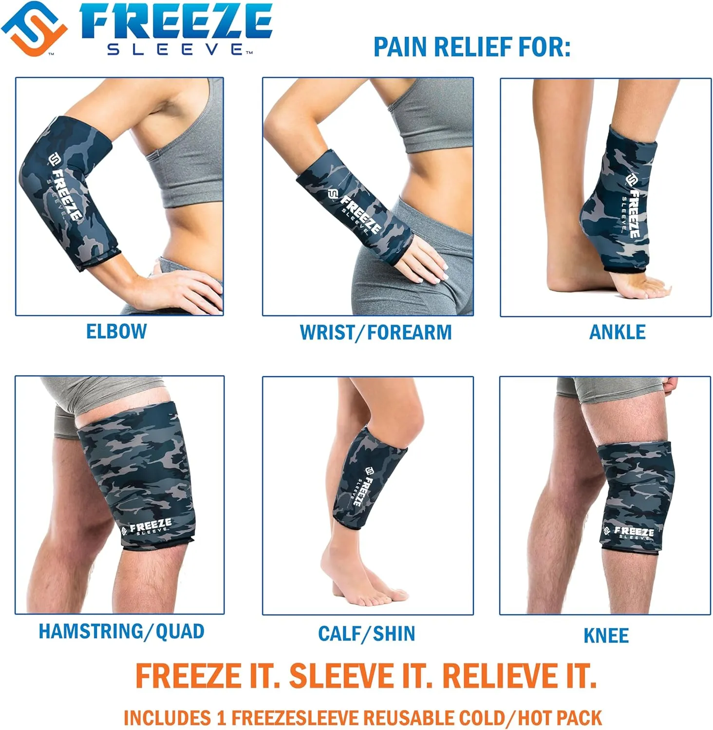 FreezeSleeve Ice and Heat Therapy Sleeve | Reusable Ice Pack Flexible Gel Compression Sleeve for Pain Relief and Recovery of Elbow Knee Ankle Leg Wrist Injuries | Blue Camo X Large