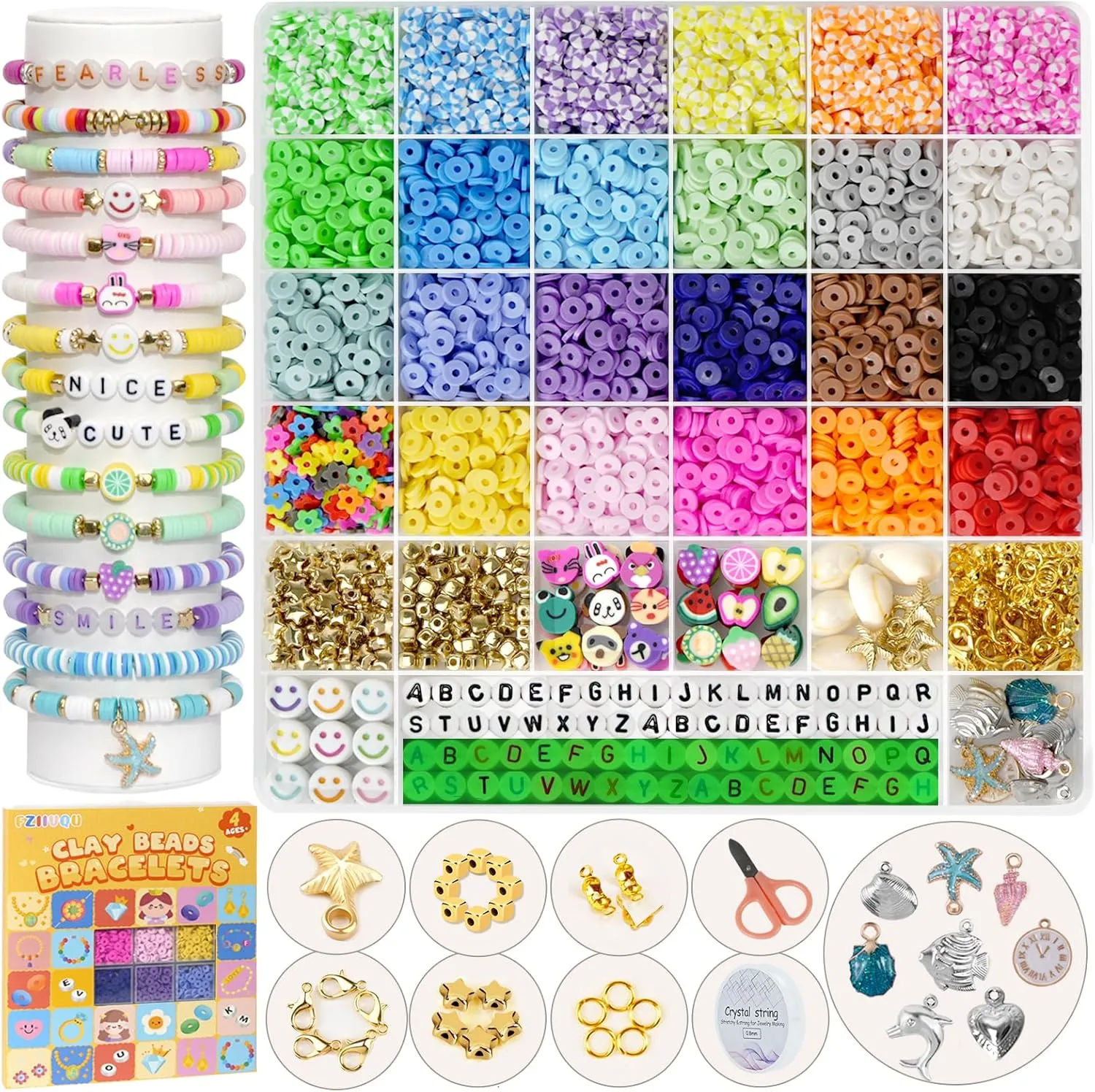 FZIIVQU 6100Pcs Clay Beaded Bracelet Making Kit for Girls 24 Colors Friendship Bracelet Beads Kit with Letter Beads Polymer Heishi Bead for Jewelry Making