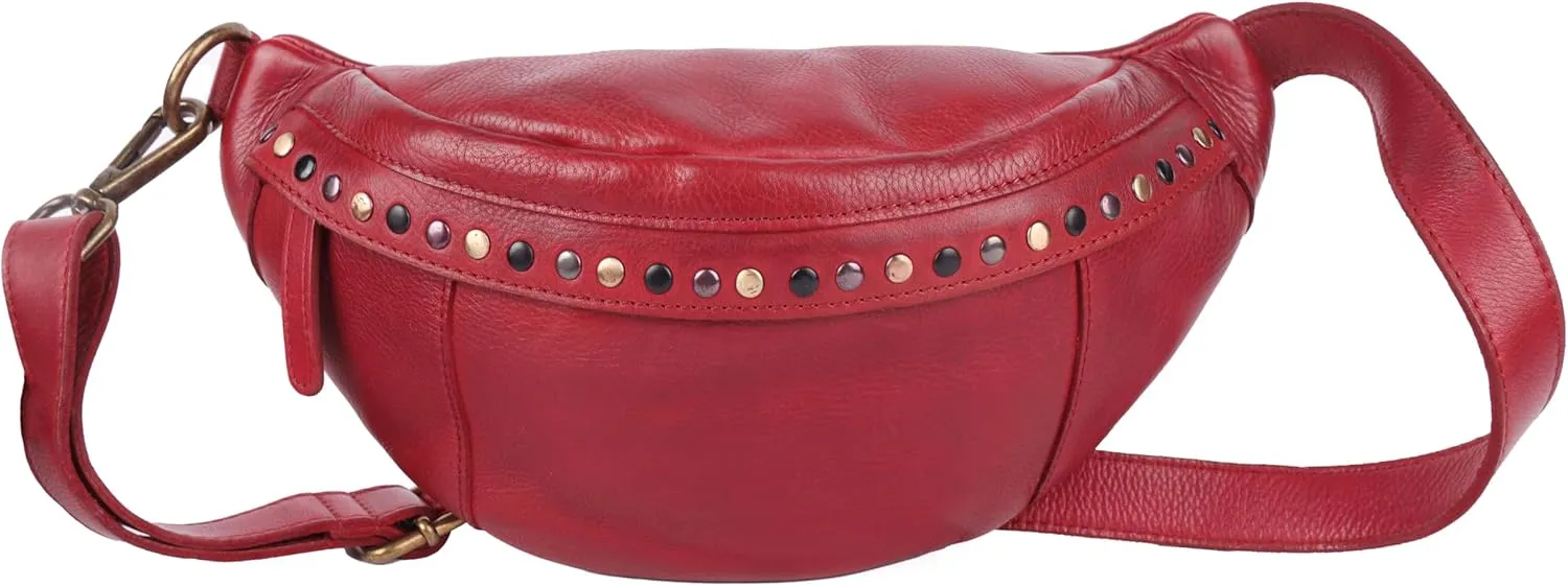 Genuine Italian Leather Boho Studded Waist Bag  Stylish & Durable Unisex Travel Fanny Pack for Essentials (Red)