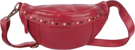 Genuine Italian Leather Boho Studded Waist Bag  Stylish & Durable Unisex Travel Fanny Pack for Essentials (Red)