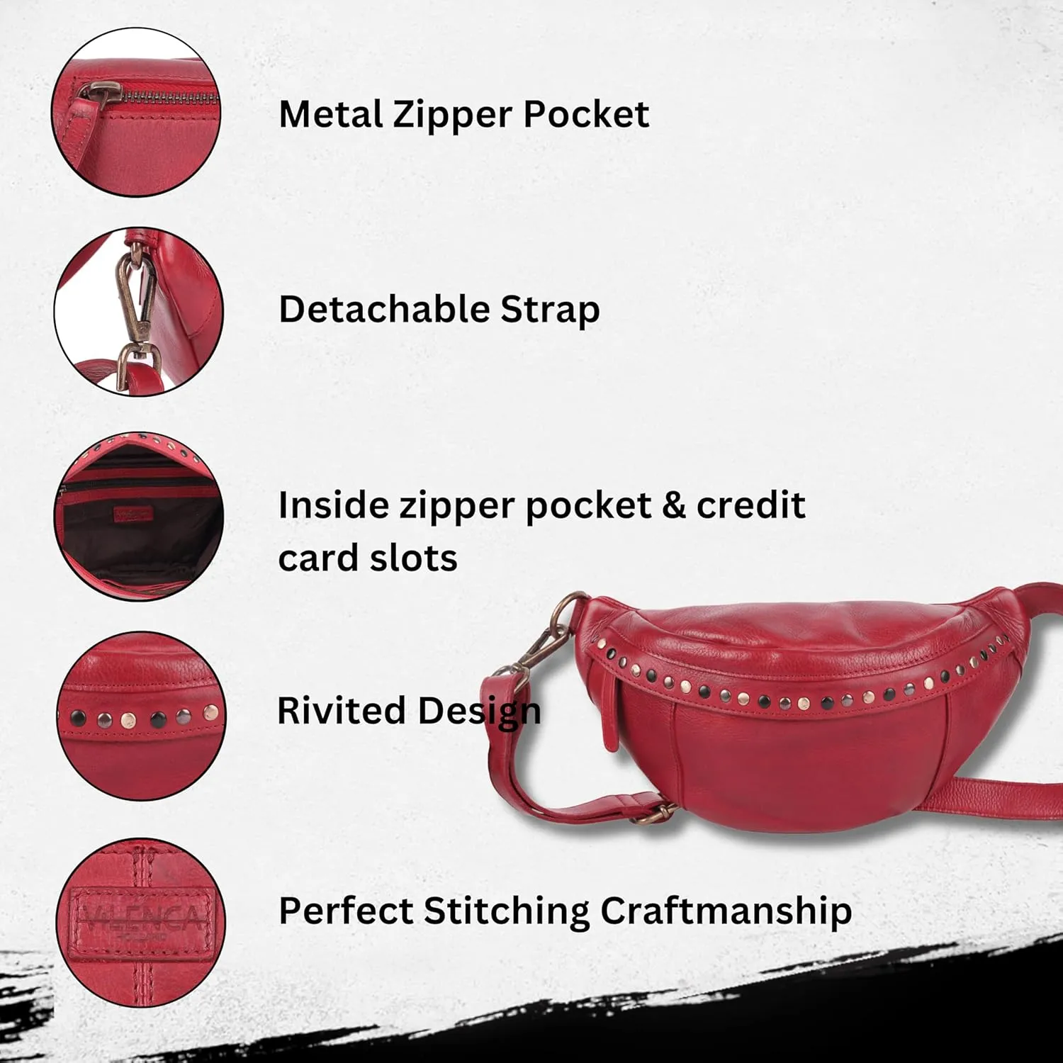 Genuine Italian Leather Boho Studded Waist Bag  Stylish & Durable Unisex Travel Fanny Pack for Essentials (Red)