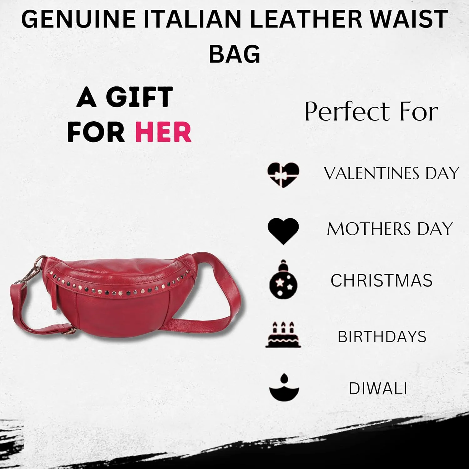 Genuine Italian Leather Boho Studded Waist Bag  Stylish & Durable Unisex Travel Fanny Pack for Essentials (Red)