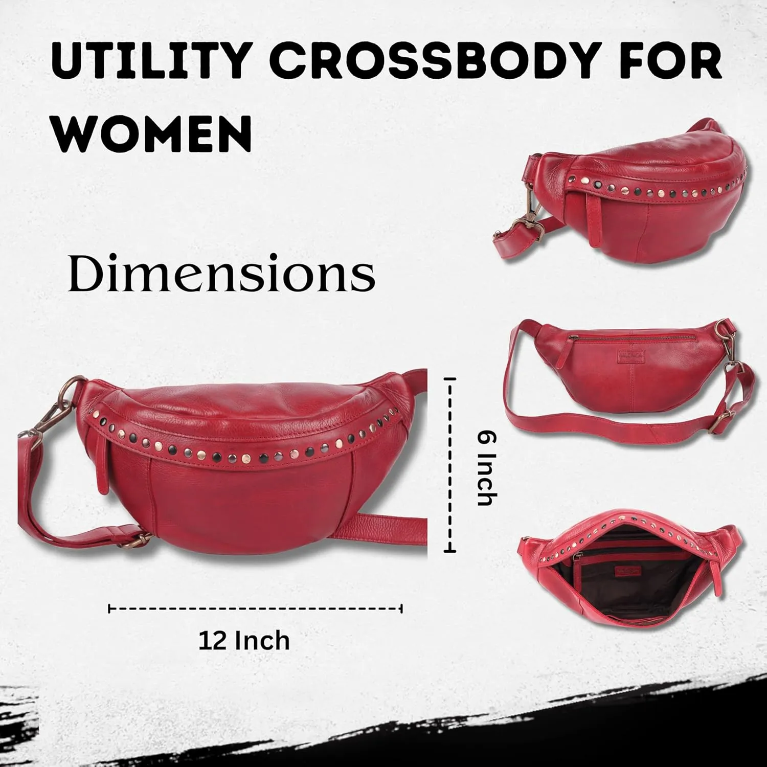 Genuine Italian Leather Boho Studded Waist Bag  Stylish & Durable Unisex Travel Fanny Pack for Essentials (Red)