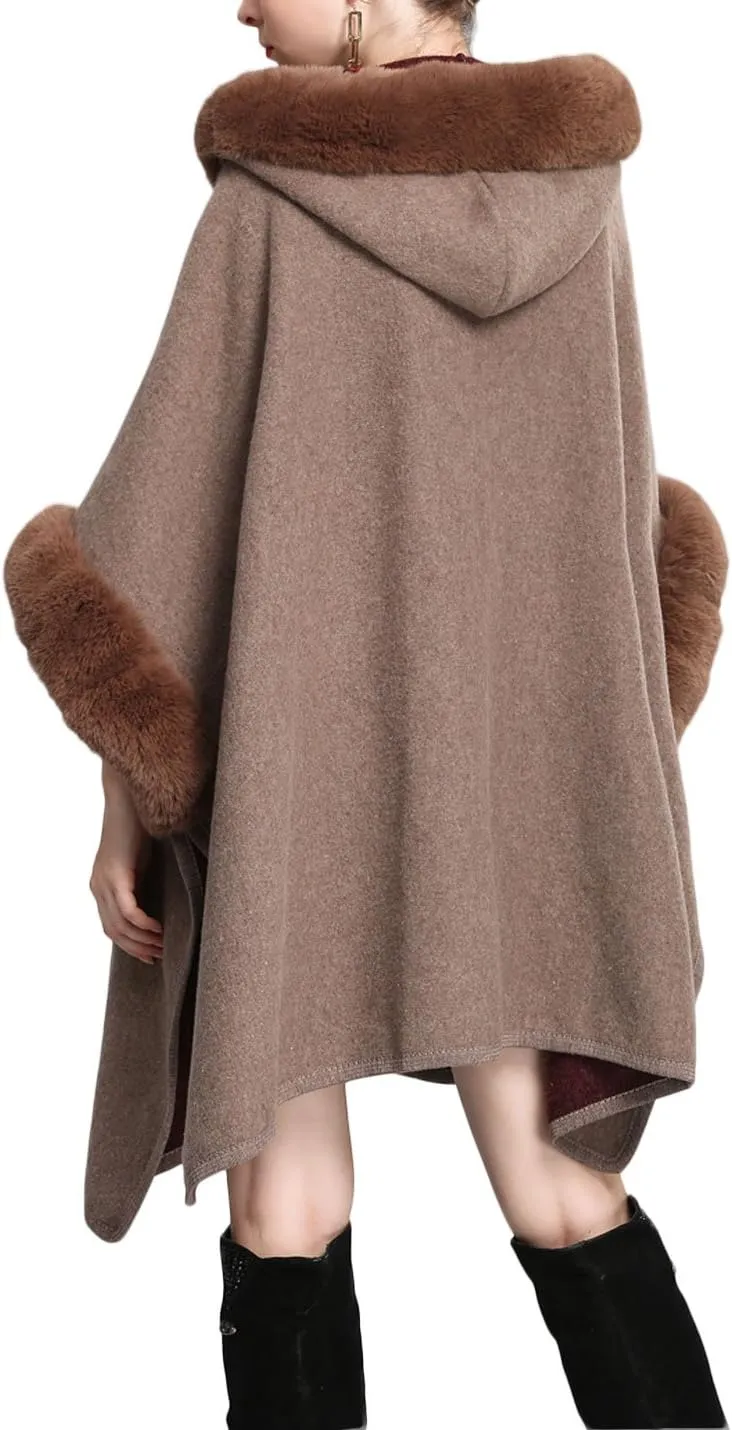 Gihuo Women's Luxury Batwing Sleeve Faux Fur Hooded Cloak Poncho Sweater Cape