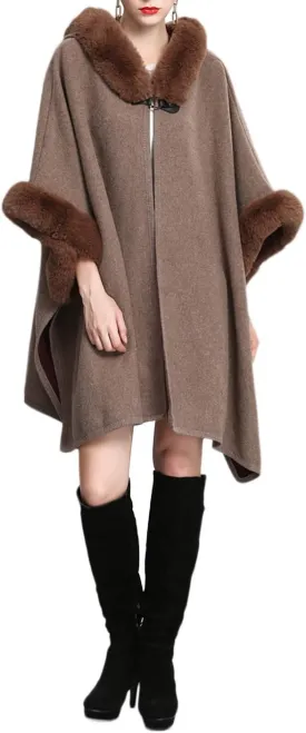 Gihuo Women's Luxury Batwing Sleeve Faux Fur Hooded Cloak Poncho Sweater Cape