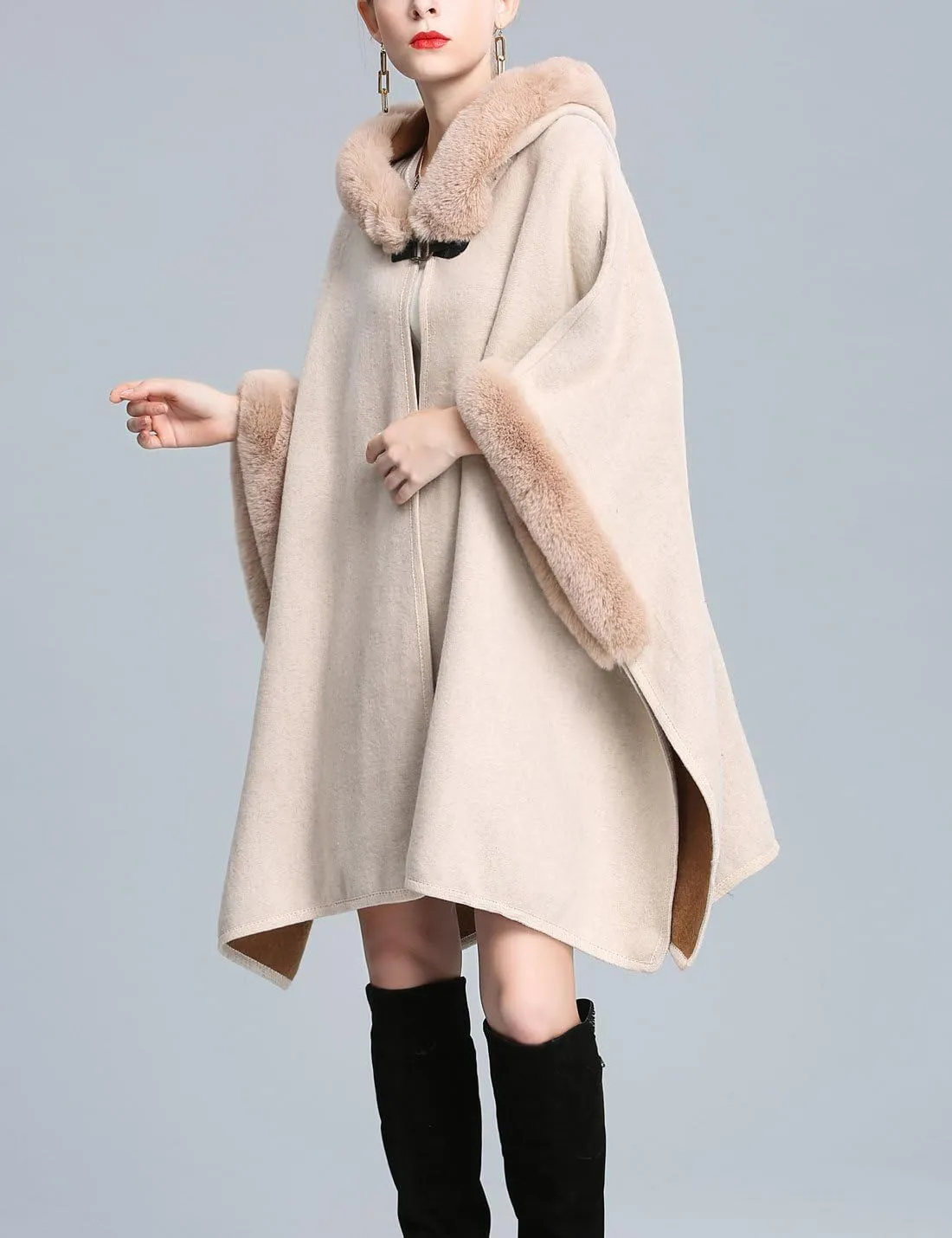 Gihuo Women's Luxury Batwing Sleeve Faux Fur Hooded Cloak Poncho Sweater Cape