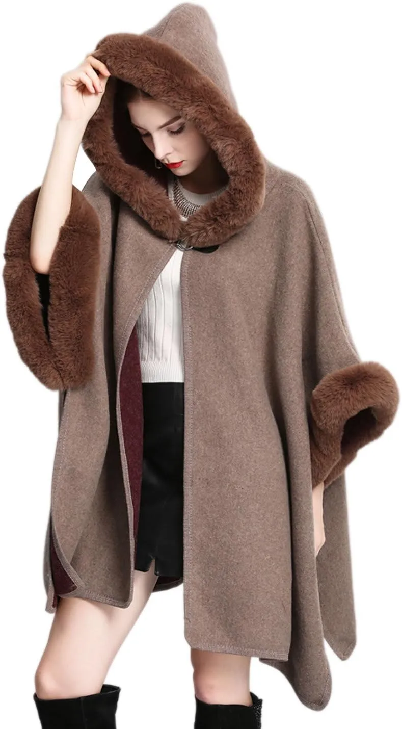 Gihuo Women's Luxury Batwing Sleeve Faux Fur Hooded Cloak Poncho Sweater Cape