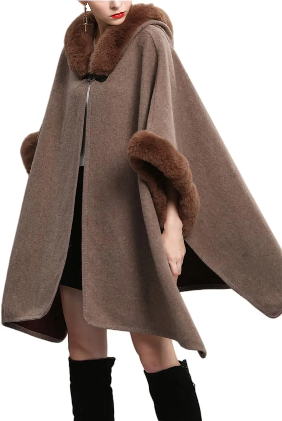 Gihuo Women's Luxury Batwing Sleeve Faux Fur Hooded Cloak Poncho Sweater Cape