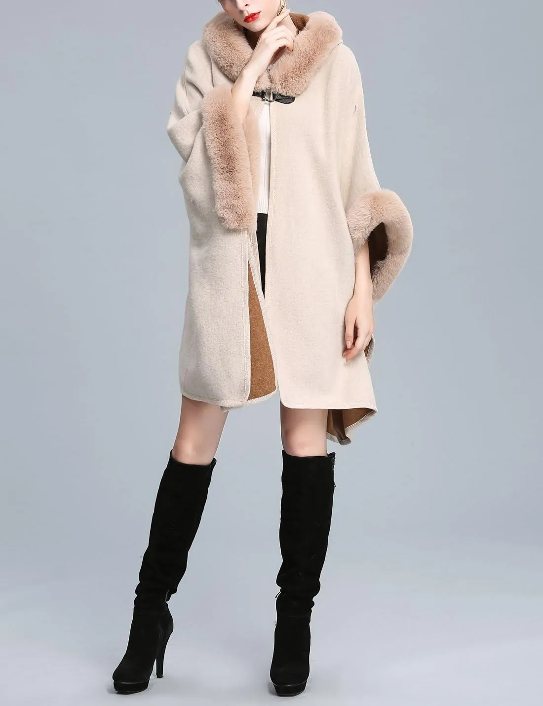 Gihuo Women's Luxury Batwing Sleeve Faux Fur Hooded Cloak Poncho Sweater Cape