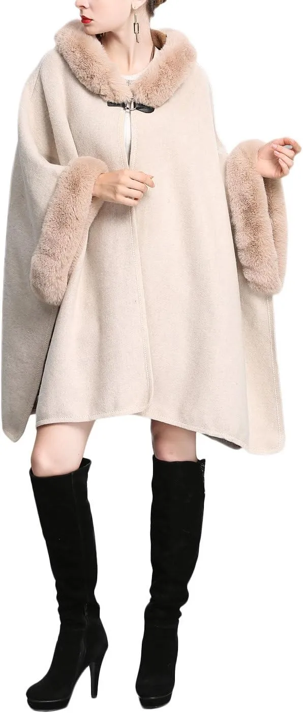 Gihuo Women's Luxury Batwing Sleeve Faux Fur Hooded Cloak Poncho Sweater Cape
