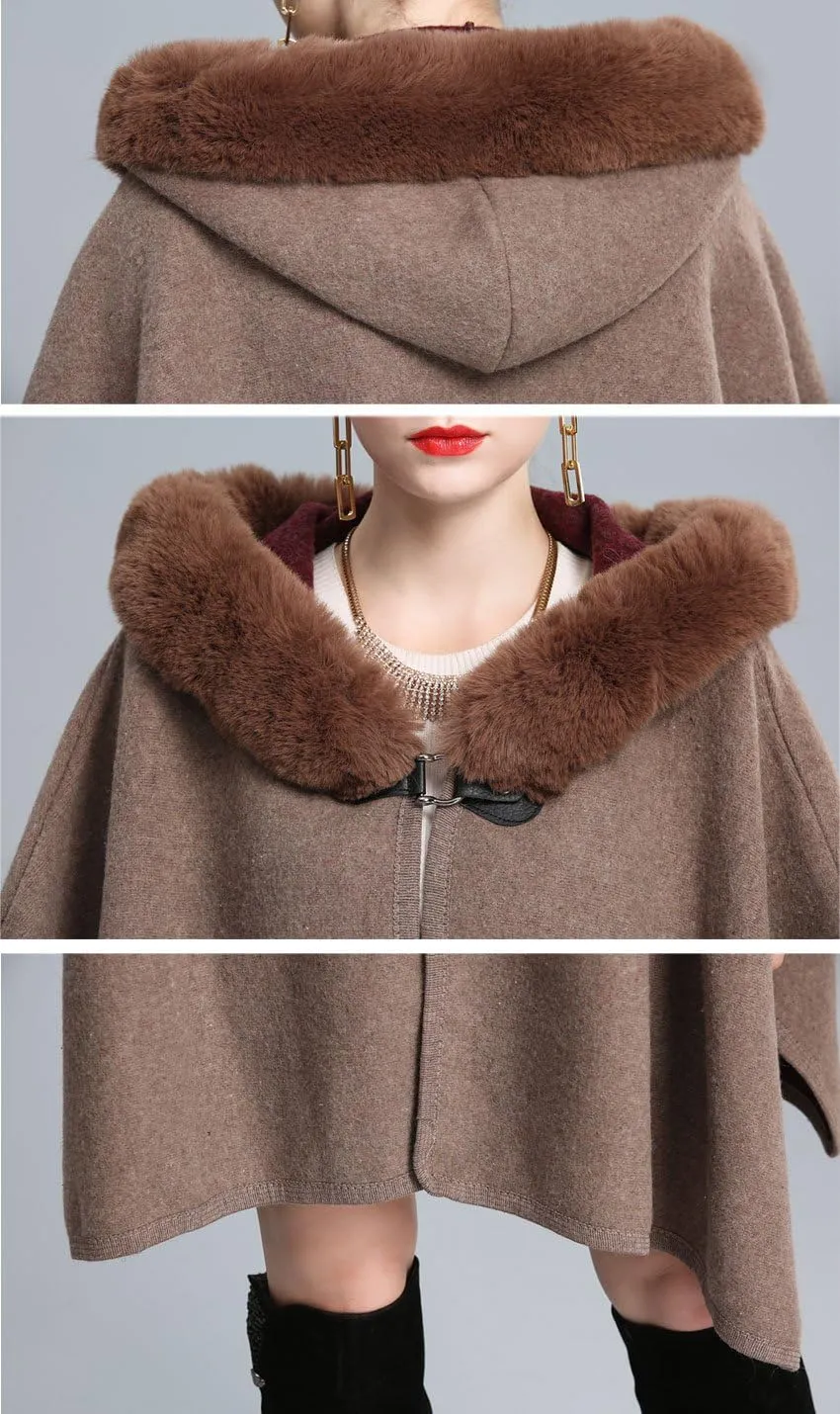 Gihuo Women's Luxury Batwing Sleeve Faux Fur Hooded Cloak Poncho Sweater Cape