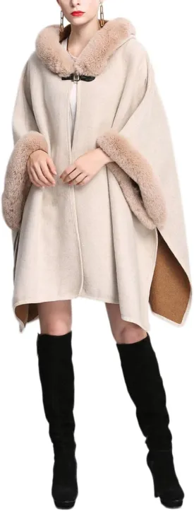 Gihuo Women's Luxury Batwing Sleeve Faux Fur Hooded Cloak Poncho Sweater Cape