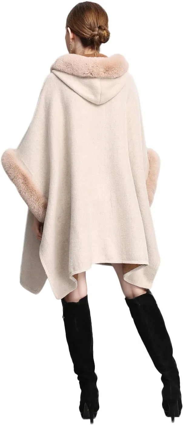 Gihuo Women's Luxury Batwing Sleeve Faux Fur Hooded Cloak Poncho Sweater Cape