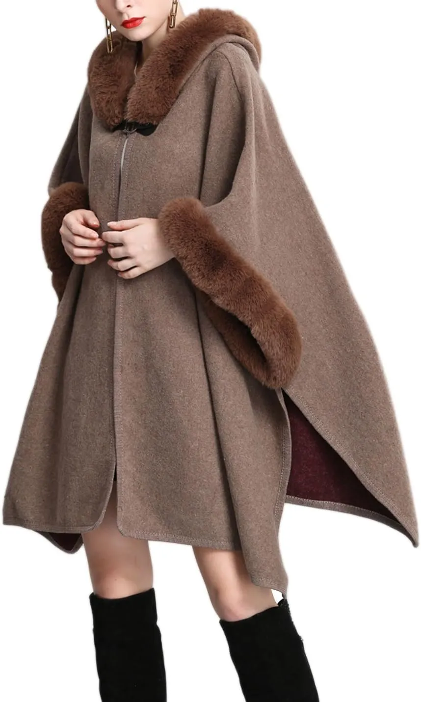 Gihuo Women's Luxury Batwing Sleeve Faux Fur Hooded Cloak Poncho Sweater Cape
