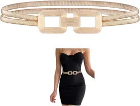 Gold Belt for Dresses Women Fancy Double-Deck Spring Skinny Gold Chain Strech Metal Belts Fashion Waist Accessories Elastic for Women