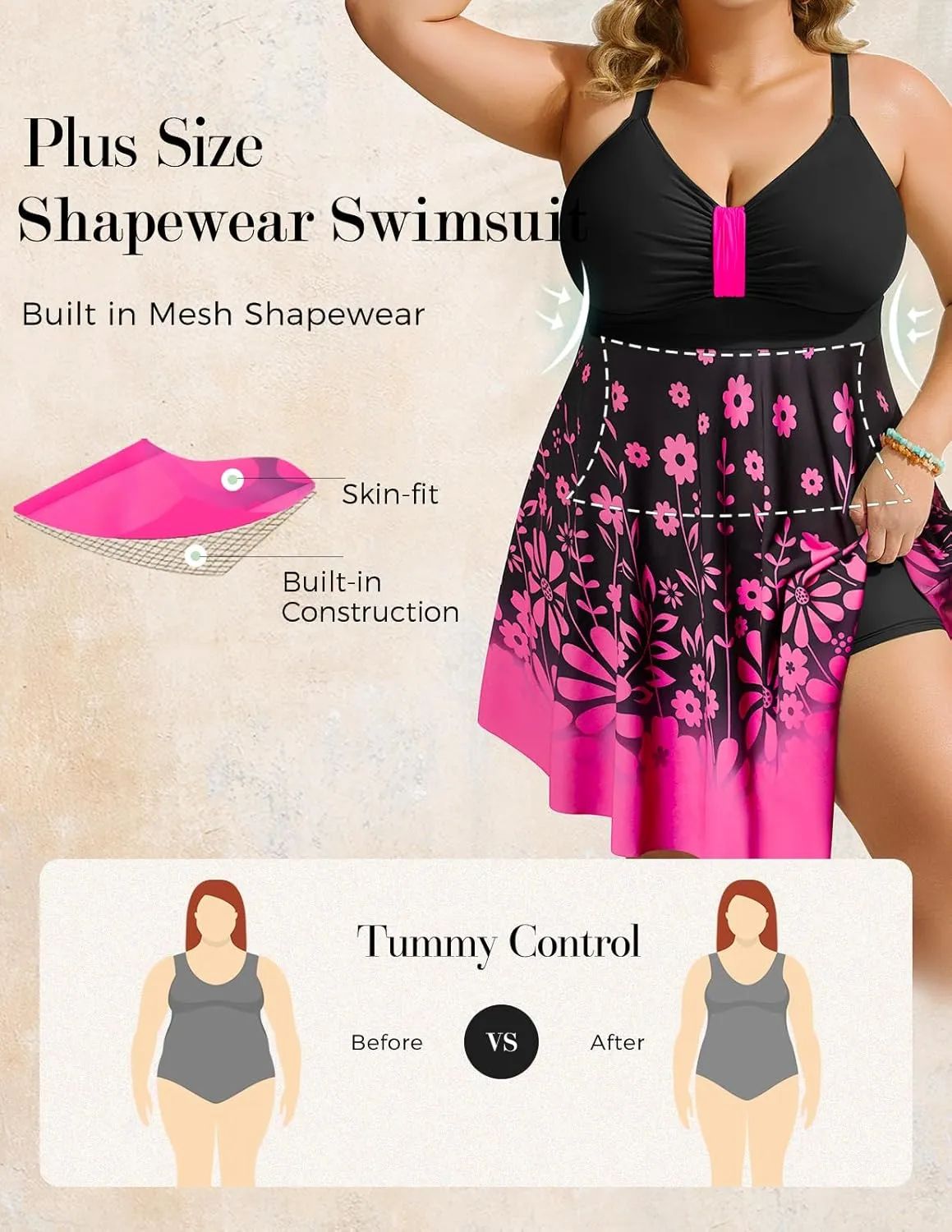 Hanna Nikole Womens Plus Size Swim Dress Swimsuit One Piece Tummy Control Bathing Suit Flowy Body Shaping Swimwear