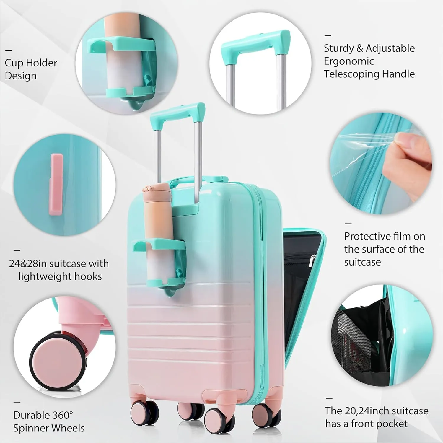 Hard Shell Luggage Sets 3 Piece with Charger USB Port, Smart Luggage with Cup Holder and Spinner Wheels, Carry on Suitcase for Women Men Travel, Lightweight, 20/24/28 Inch (Light Blue)