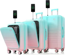 Hard Shell Luggage Sets 3 Piece with Charger USB Port, Smart Luggage with Cup Holder and Spinner Wheels, Carry on Suitcase for Women Men Travel, Lightweight, 20/24/28 Inch (Light Blue)