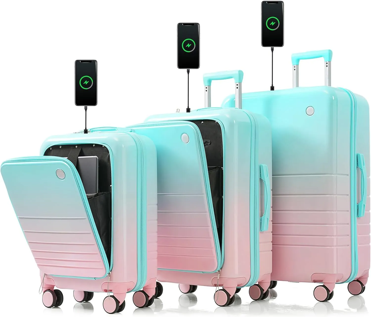 Hard Shell Luggage Sets 3 Piece with Charger USB Port, Smart Luggage with Cup Holder and Spinner Wheels, Carry on Suitcase for Women Men Travel, Lightweight, 20/24/28 Inch (Light Blue)