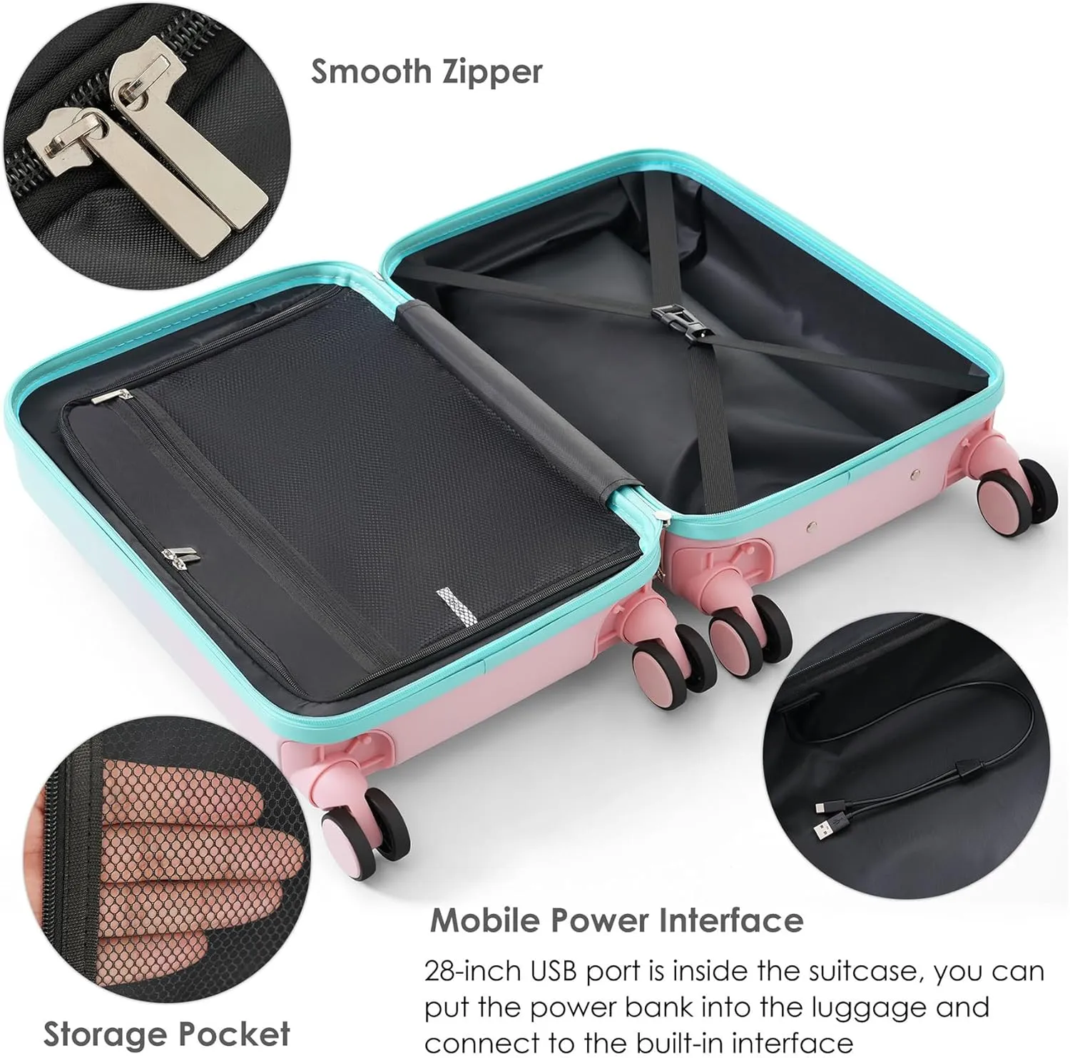 Hard Shell Luggage Sets 3 Piece with Charger USB Port, Smart Luggage with Cup Holder and Spinner Wheels, Carry on Suitcase for Women Men Travel, Lightweight, 20/24/28 Inch (Light Blue)