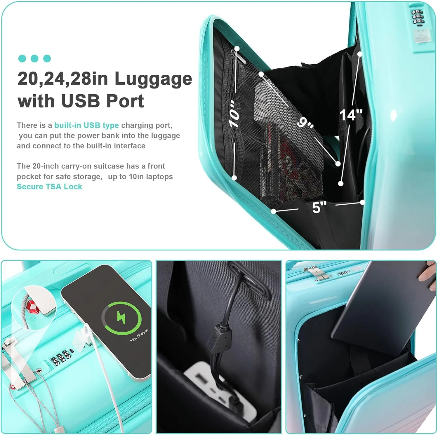 Hard Shell Luggage Sets 3 Piece with Charger USB Port, Smart Luggage with Cup Holder and Spinner Wheels, Carry on Suitcase for Women Men Travel, Lightweight, 20/24/28 Inch (Light Blue)