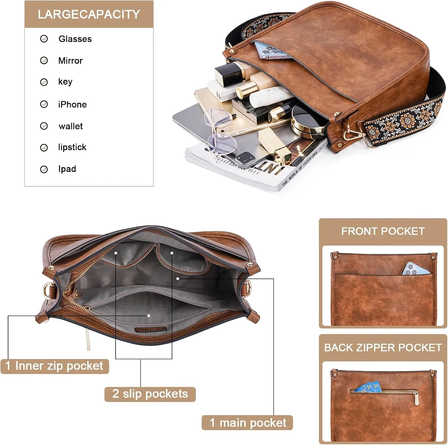 HKCLUF Crossbody Bags for Women Trendy Vegan Leather Hobo Handbags With 2PCS Adjustable Guitar Strap Shoulder Bucket Bags